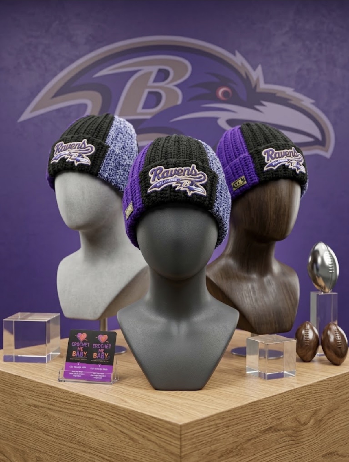 Three handmade crochet Baltimore-inspired beanies in purple, black and marled gray displayed on grey mannequin busts